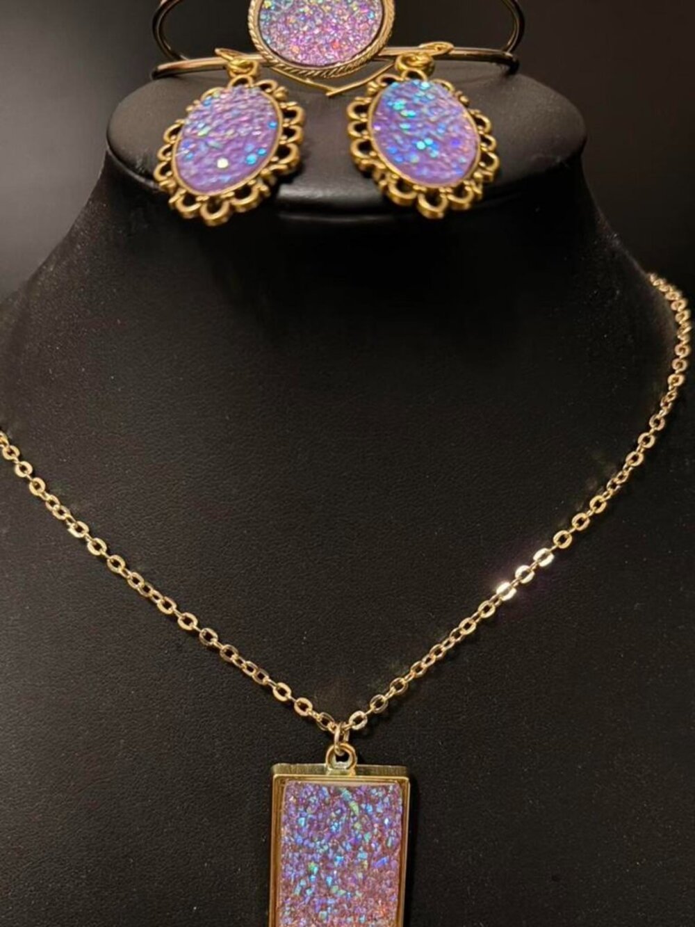 Purple Iridescent Druzy Jewelry Set Gold Tone Necklace